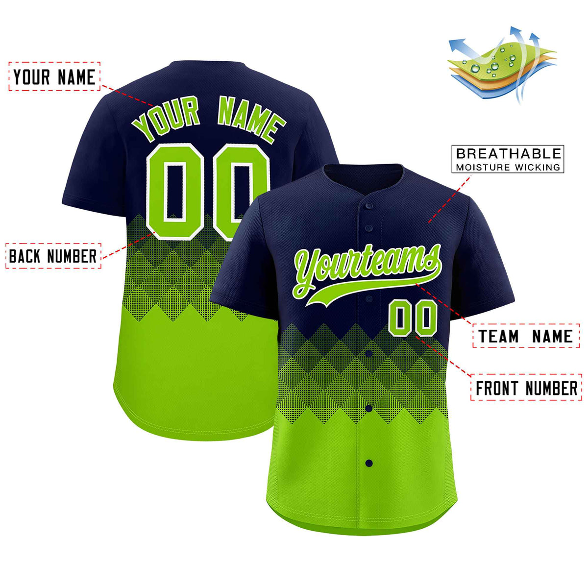 Custom Navy Neon Green Grid Blur Pattern Authentic Baseball Jersey| KXKSHOP