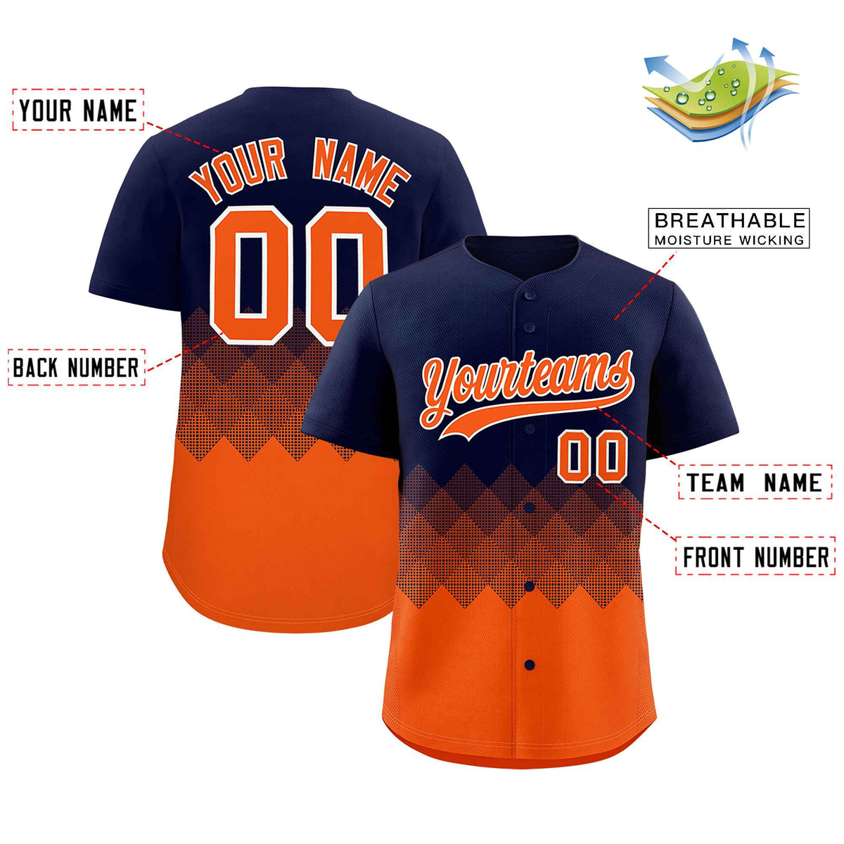 Custom Navy Orange Grid Blur Pattern Authentic Baseball Jersey| KXKSHOP
