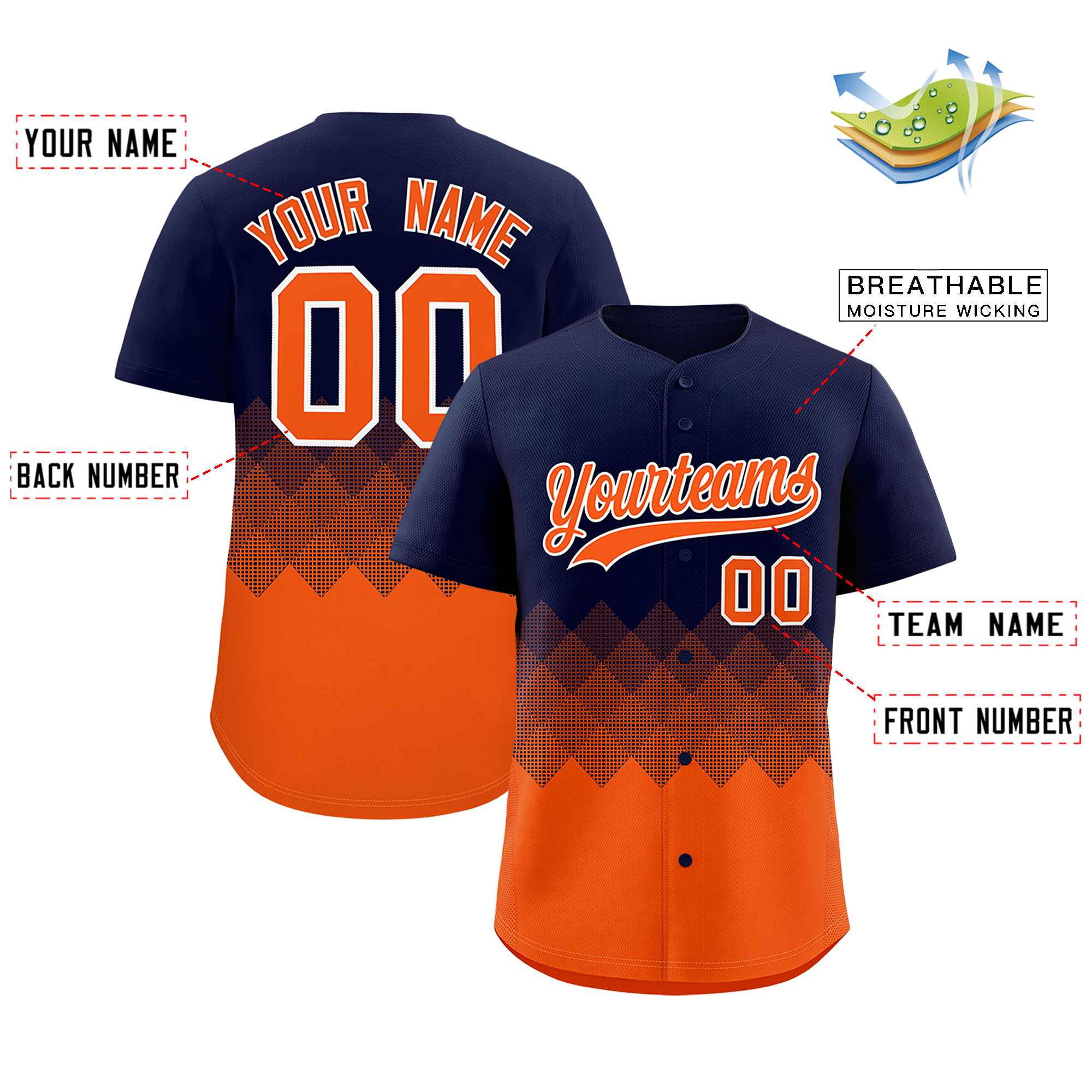 Custom Navy Orange Grid Blur Pattern Authentic Baseball Jersey| KXKSHOP