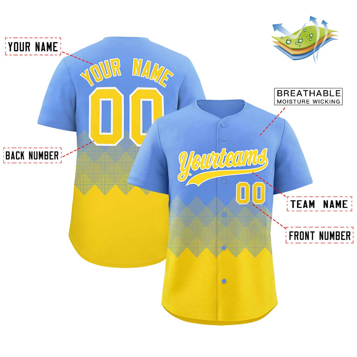 Custom Light Blue Gold Grid Blur Pattern Authentic Baseball Jersey| KXKSHOP