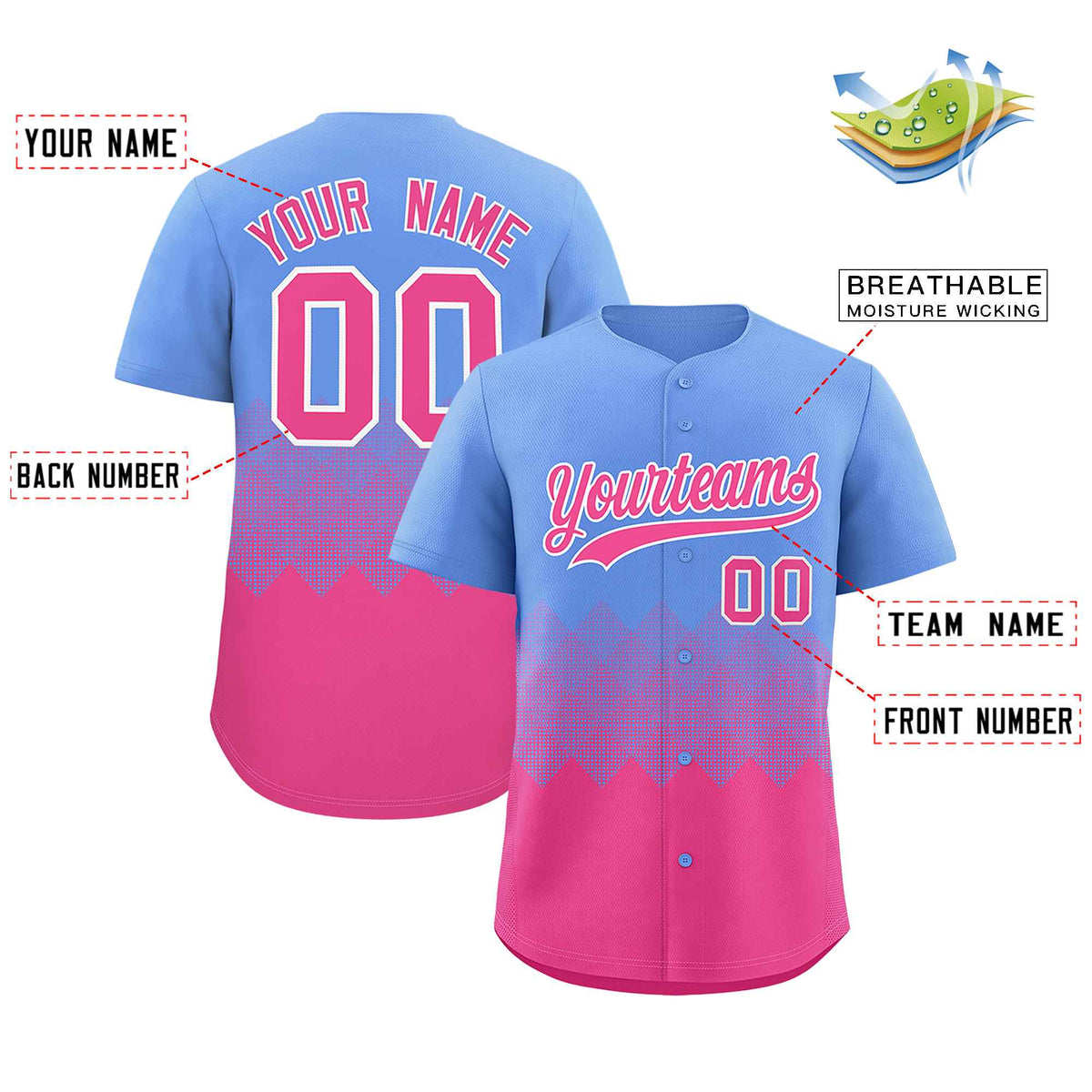 Custom Light Blue Pink Grid Blur Pattern Authentic Baseball Jersey| KXKSHOP