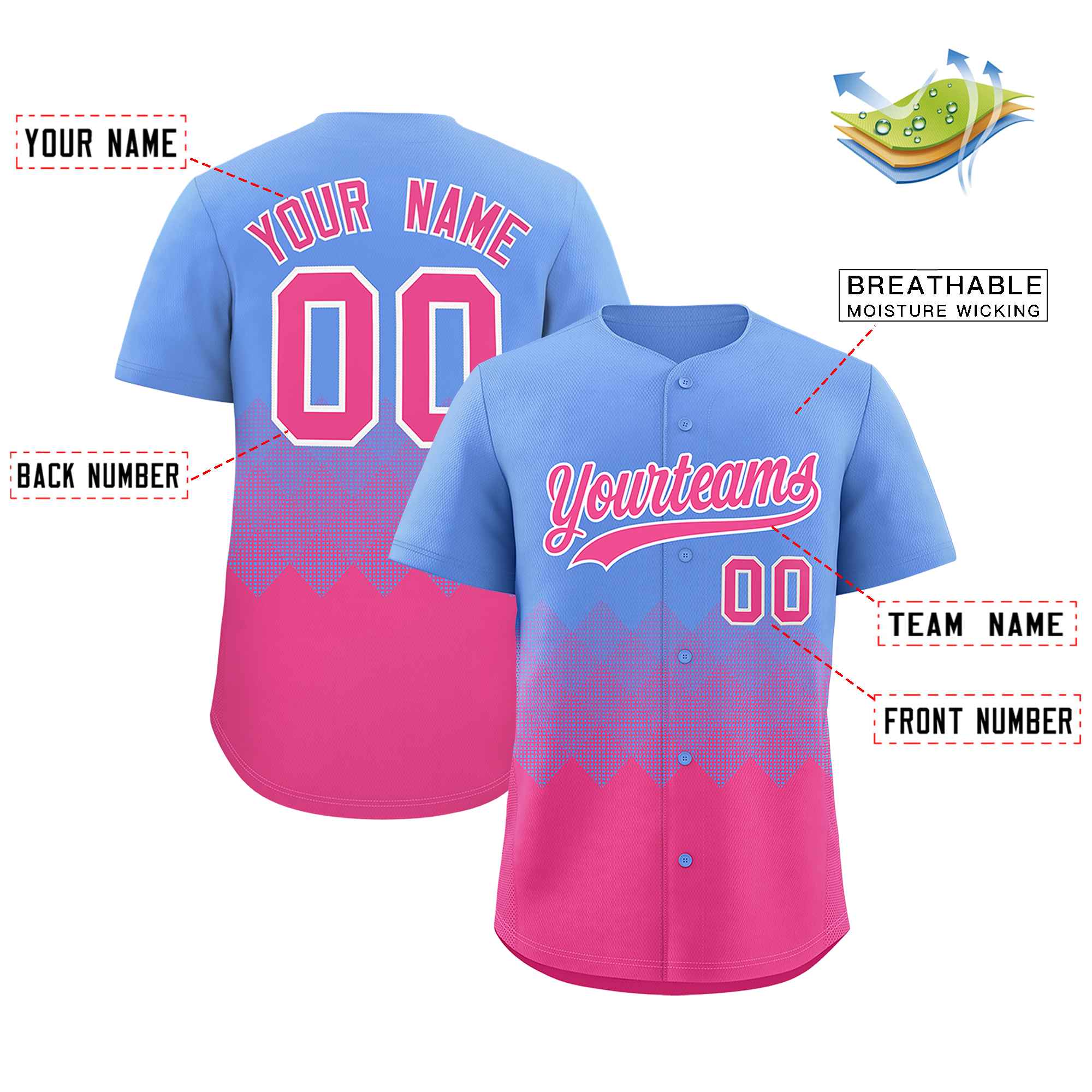 Custom Light Blue Pink Grid Blur Pattern Authentic Baseball Jersey| KXKSHOP