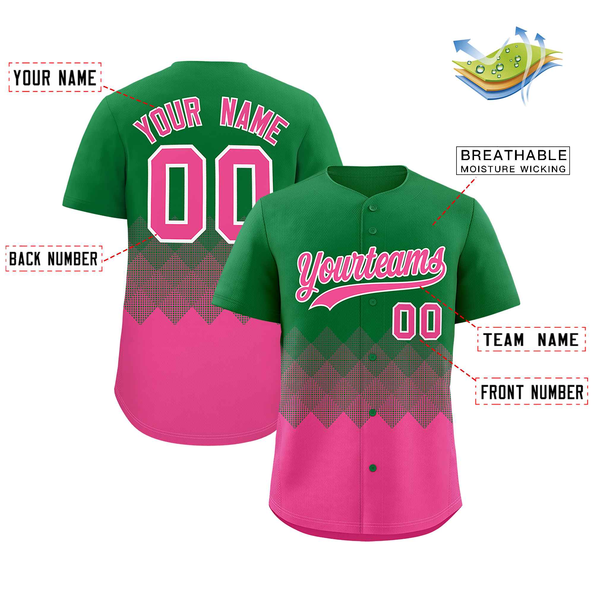 Custom Kelly Green Pink Grid Blur Pattern Authentic Baseball Jersey| KXKSHOP