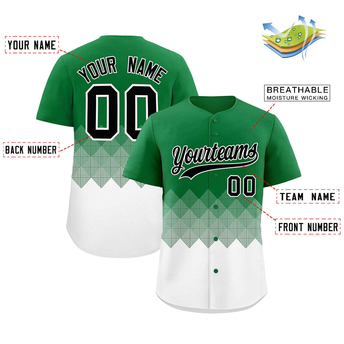 Custom Kelly Green White Grid Blur Pattern Authentic Baseball Jersey| KXKSHOP