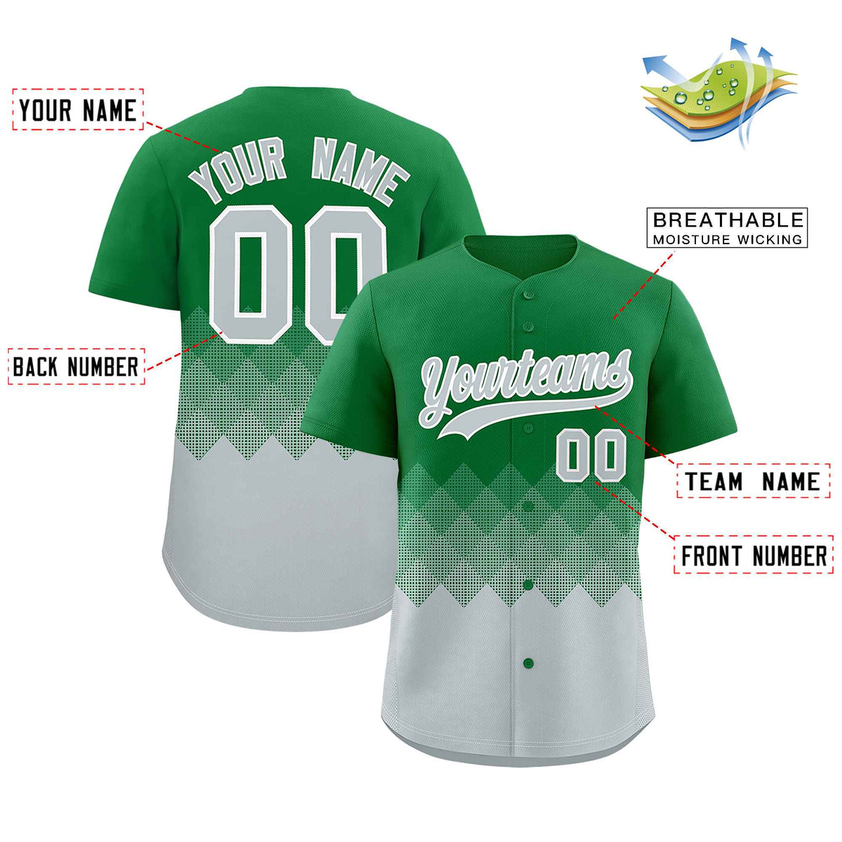 Custom Kelly Green Silver Grid Blur Pattern Authentic Baseball Jersey| KXKSHOP