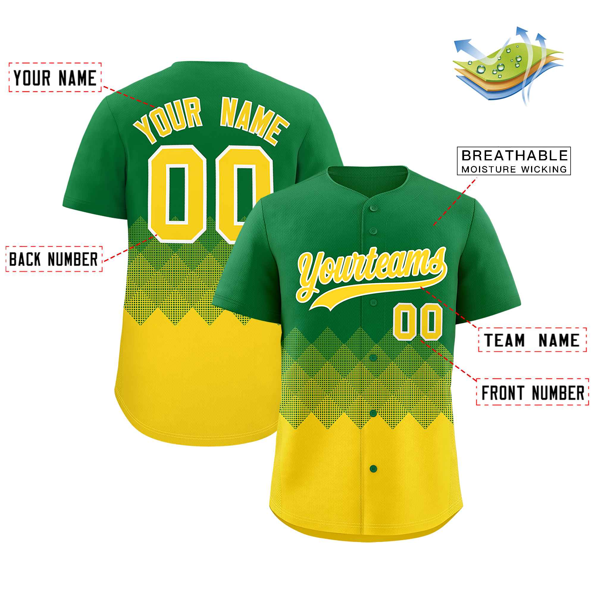 Custom Kelly Green Gold Grid Blur Pattern Authentic Baseball Jersey| KXKSHOP