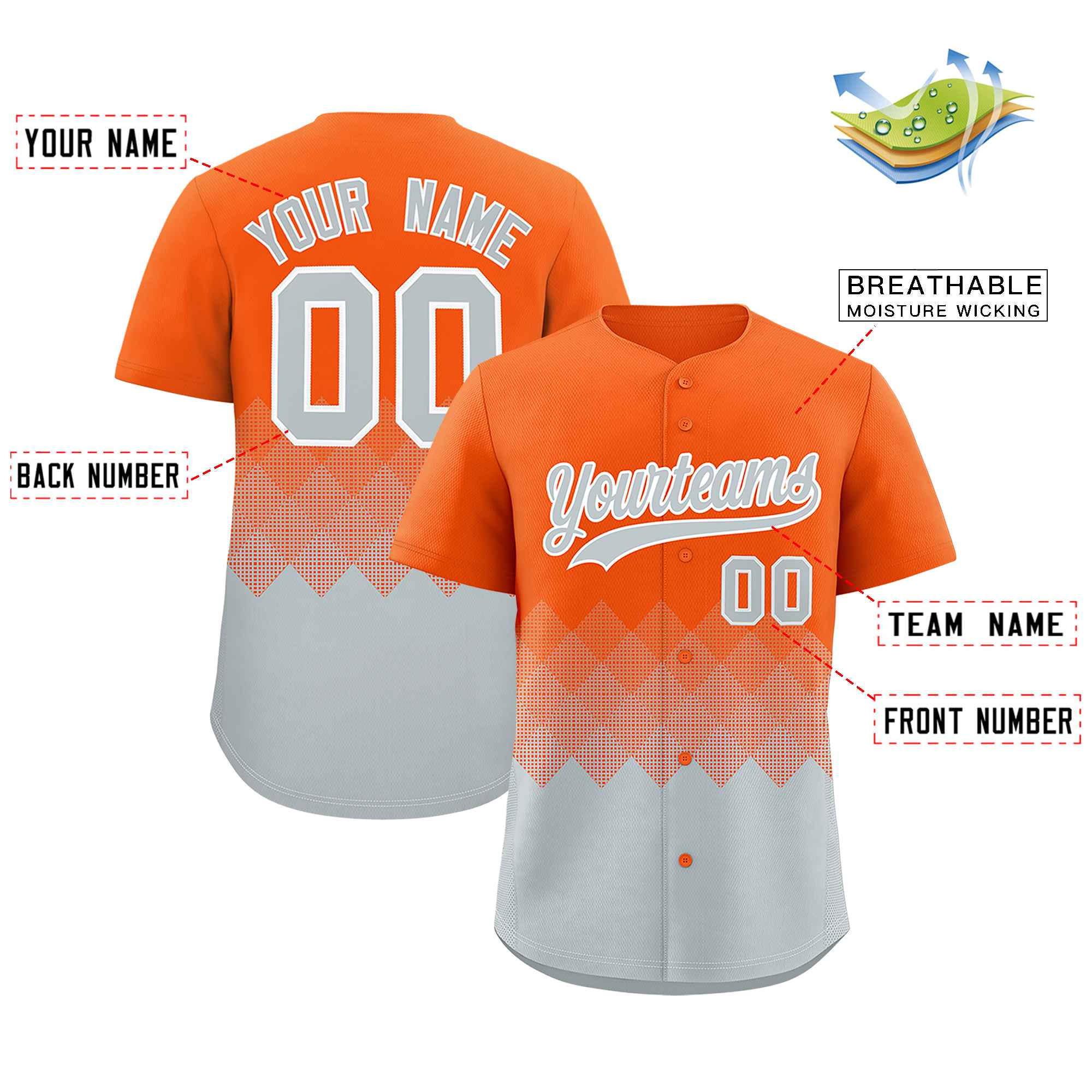 Custom Orange Silver Grid Blur Pattern Authentic Baseball Jersey| KXKSHOP