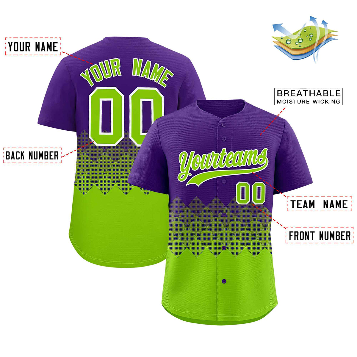 Custom Purple Neon Green Grid Blur Pattern Authentic Baseball Jersey| KXKSHOP