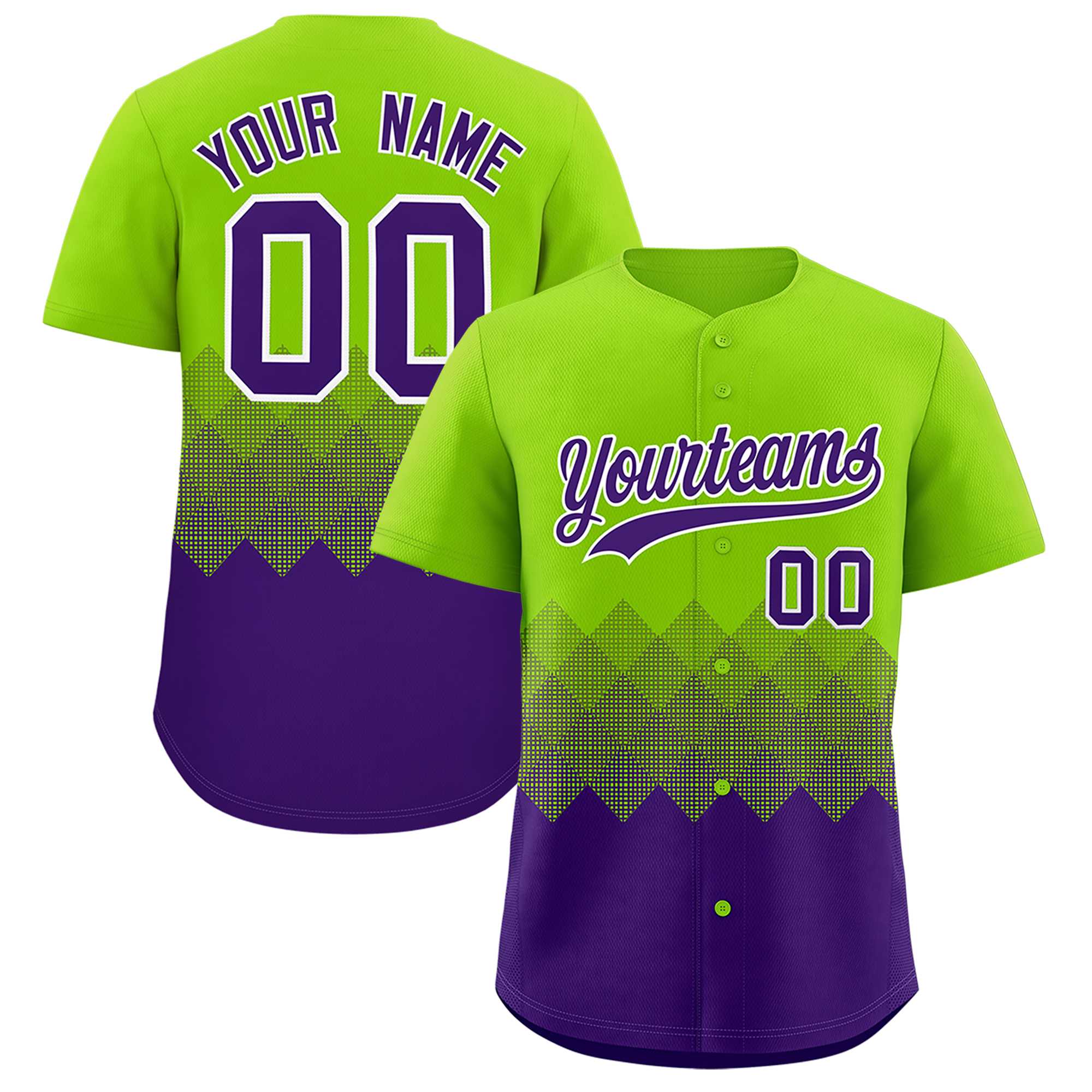 Custom Neon Green Purple Grid Blur Pattern Authentic Baseball Jersey| KXKSHOP