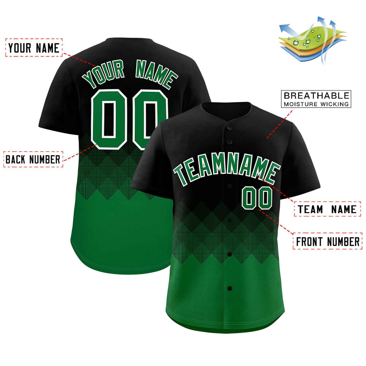 Custom Black Kelly Green Grid Blur Pattern Authentic Baseball Jersey| KXKSHOP