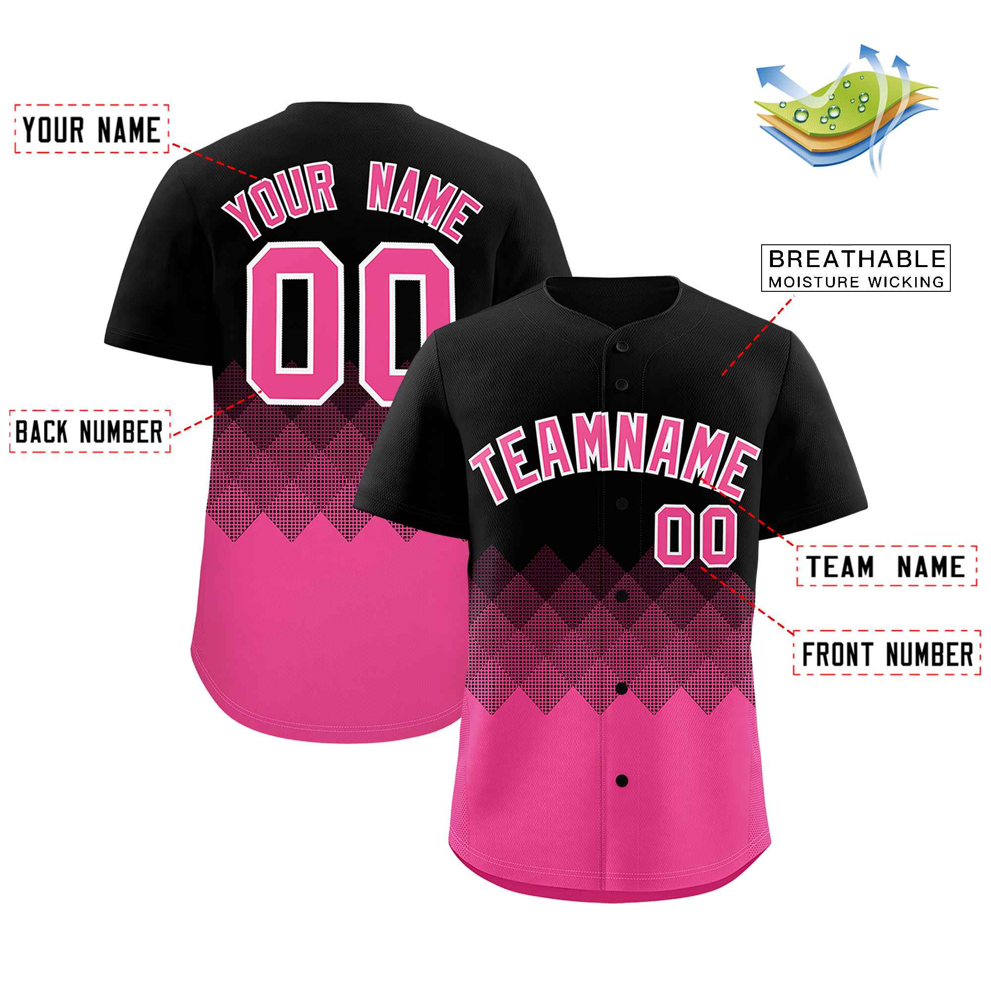 Custom Black Pink Grid Blur Pattern Authentic Baseball Jersey| KXKSHOP