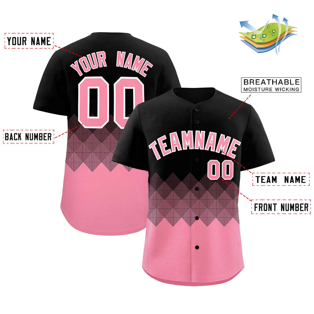 Custom Black Light Pink Grid Blur Pattern Authentic Baseball Jersey| KXKSHOP