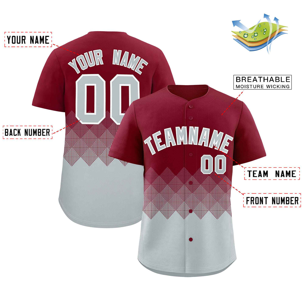 Custom Crimson Silver Grid Blur Pattern Authentic Baseball Jersey| KXKSHOP