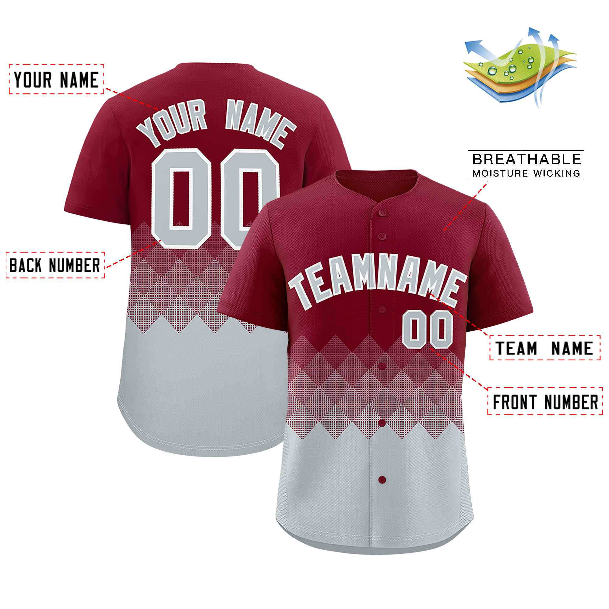 Custom Crimson Silver Grid Blur Pattern Authentic Baseball Jersey| KXKSHOP