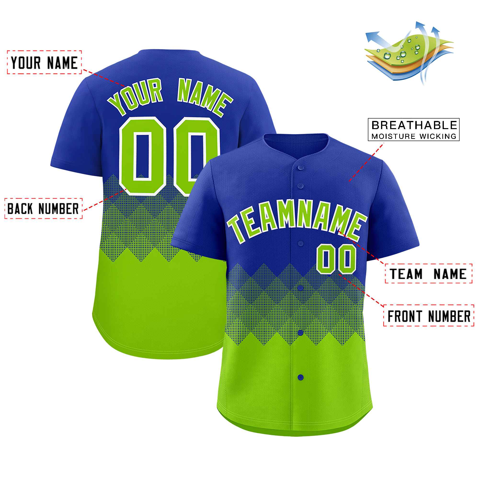 Custom Royal Neon Green Grid Blur Pattern Authentic Baseball Jersey| KXKSHOP