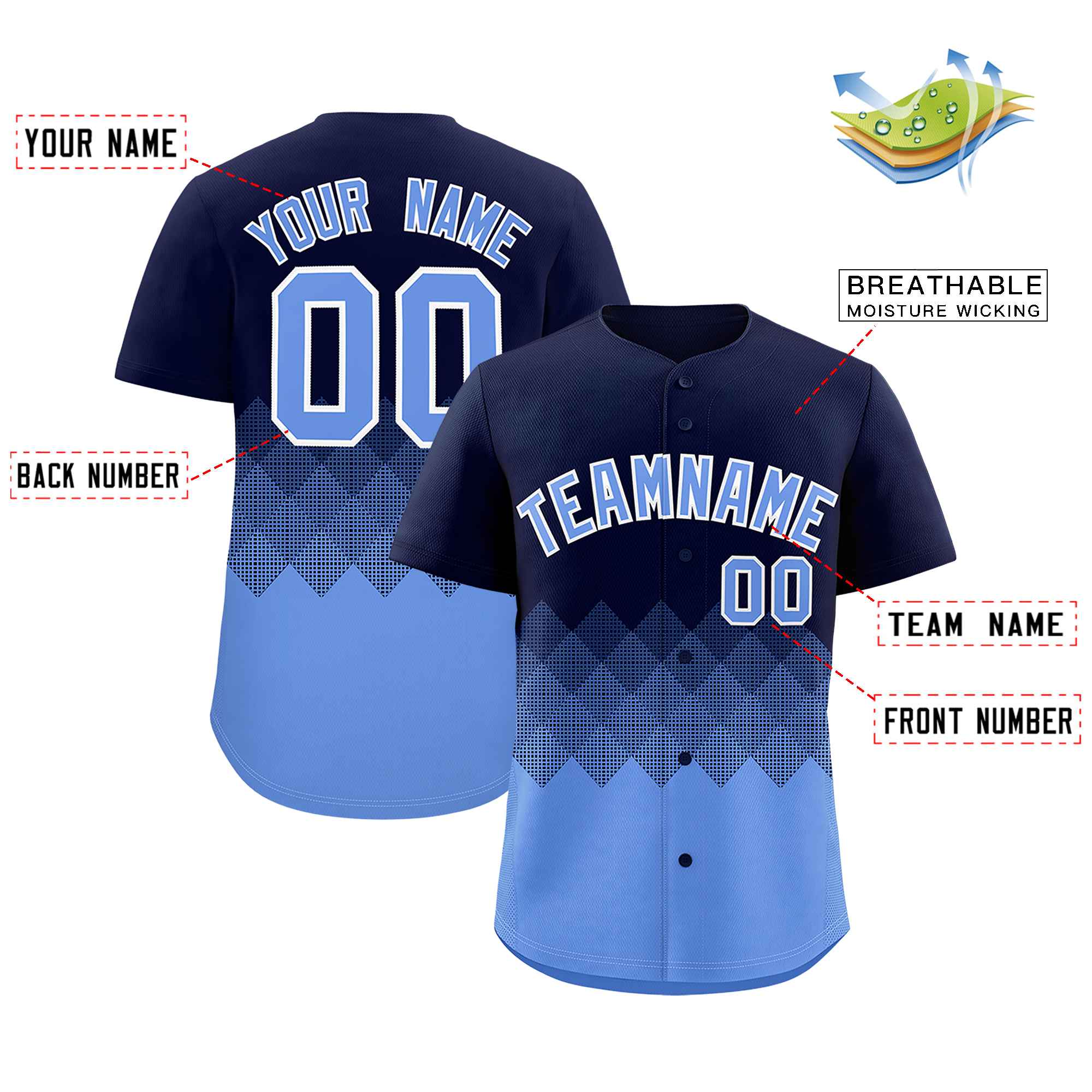 Custom Navy Powder Blue Grid Blur Pattern Authentic Baseball Jersey| KXKSHOP