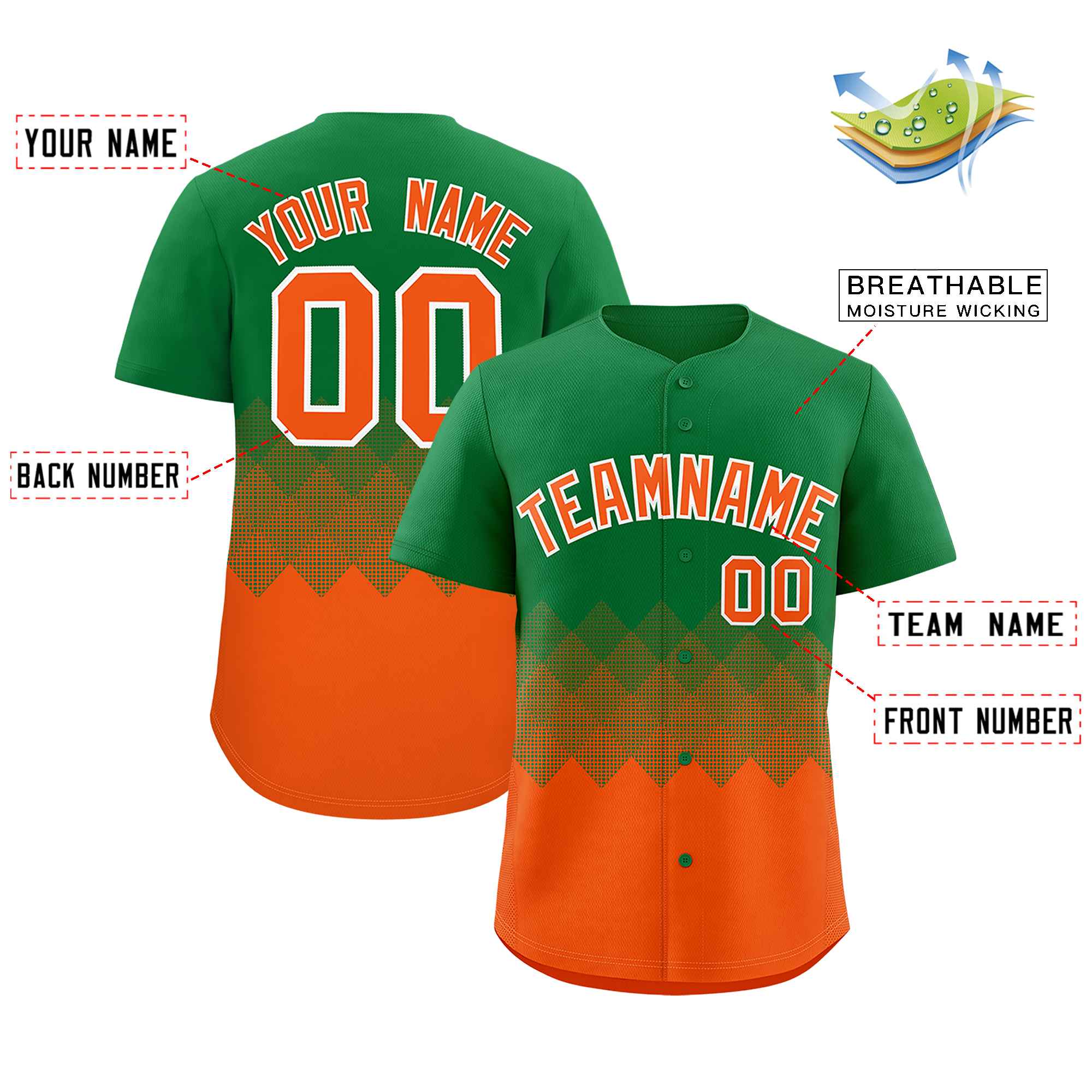 Custom Kelly Green Orange Grid Blur Pattern Authentic Baseball Jersey| KXKSHOP
