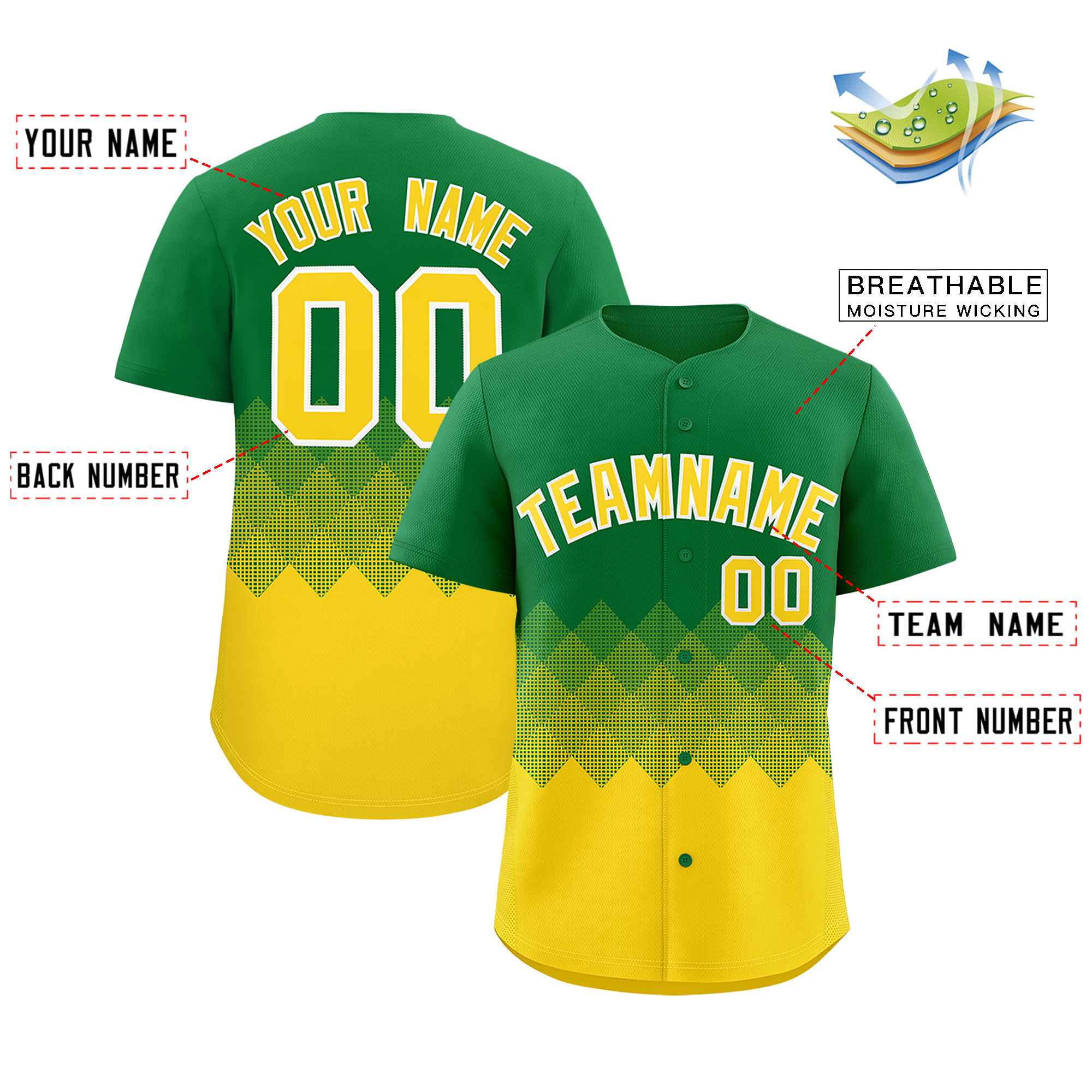 Custom Kelly Green Gold Grid Blur Pattern Authentic Baseball Jersey| KXKSHOP