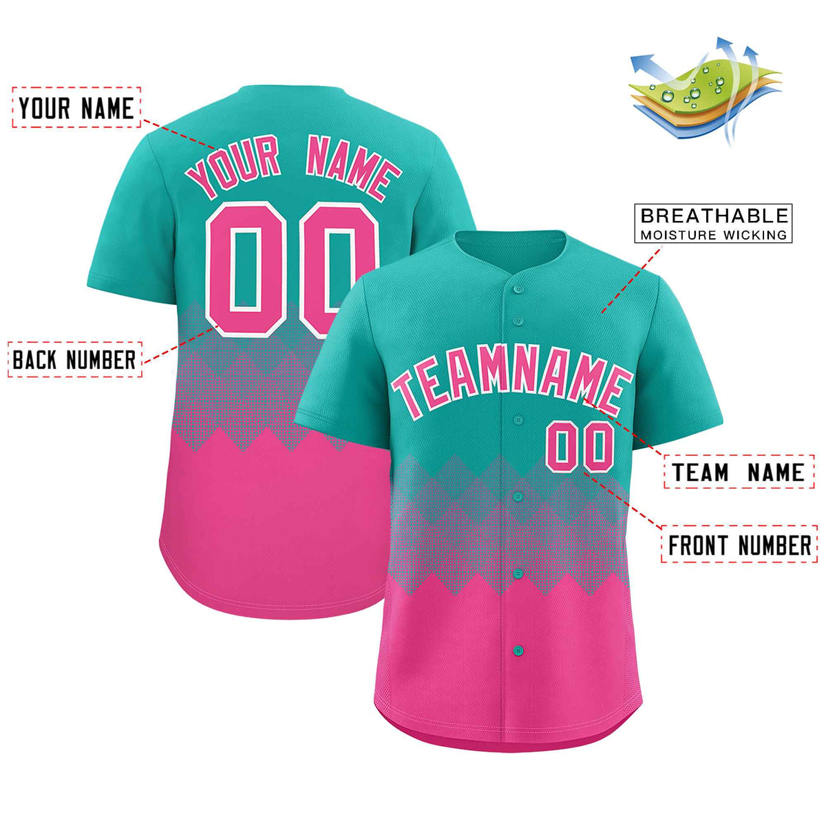 Custom Aqua Pink Grid Blur Pattern Authentic Baseball Jersey| KXKSHOP