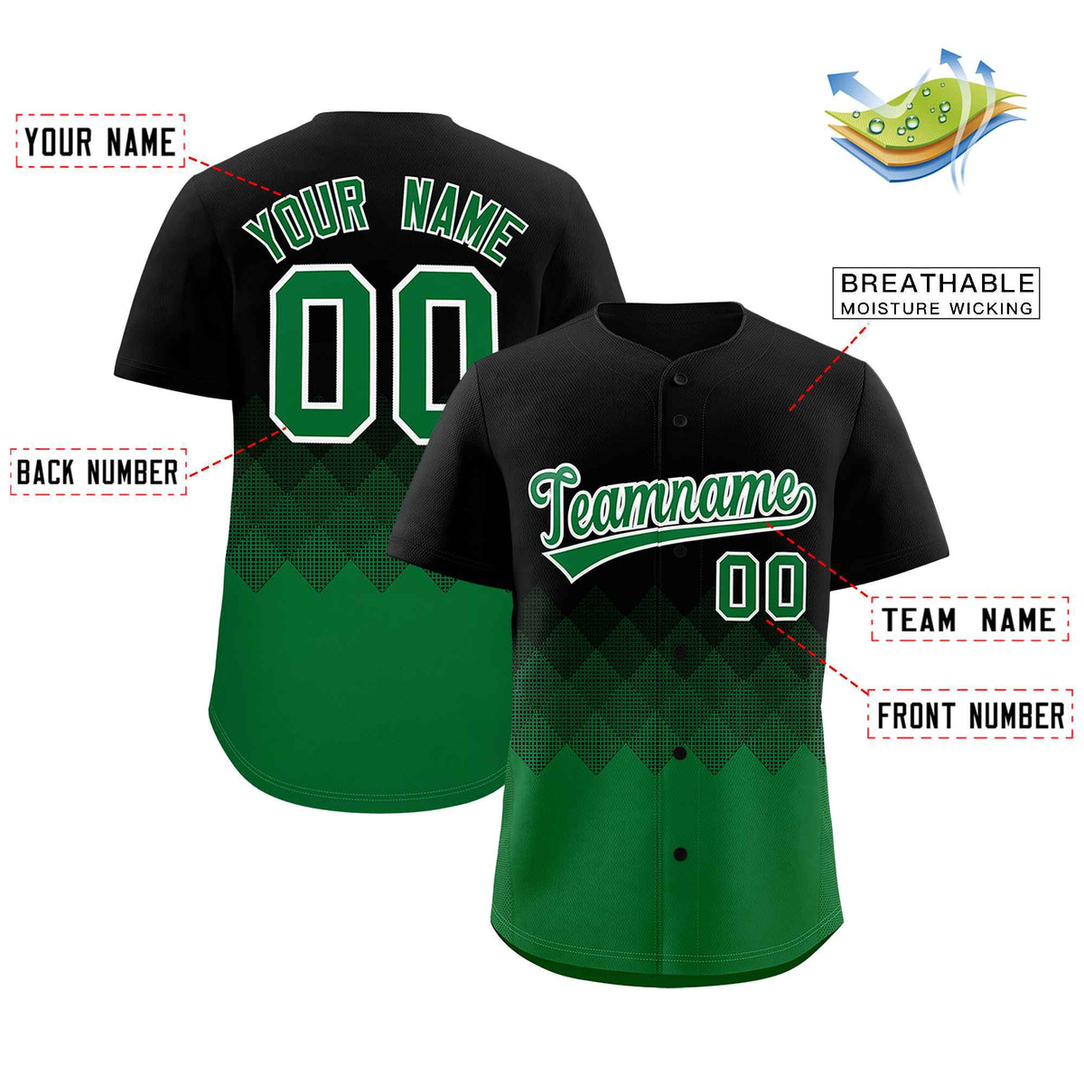 Custom Black Kelly Green Grid Blur Pattern Authentic Baseball Jersey| KXKSHOP