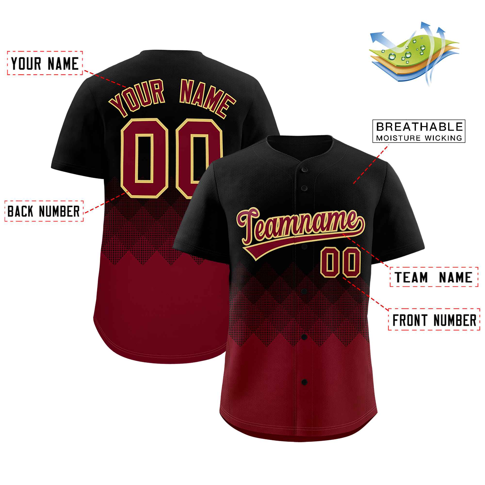 Custom Black Crimson Grid Blur Pattern Authentic Baseball Jersey| KXKSHOP