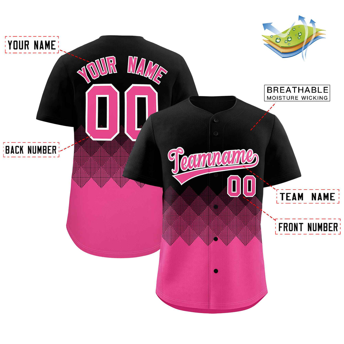 Custom Black Pink Grid Blur Pattern Authentic Baseball Jersey| KXKSHOP