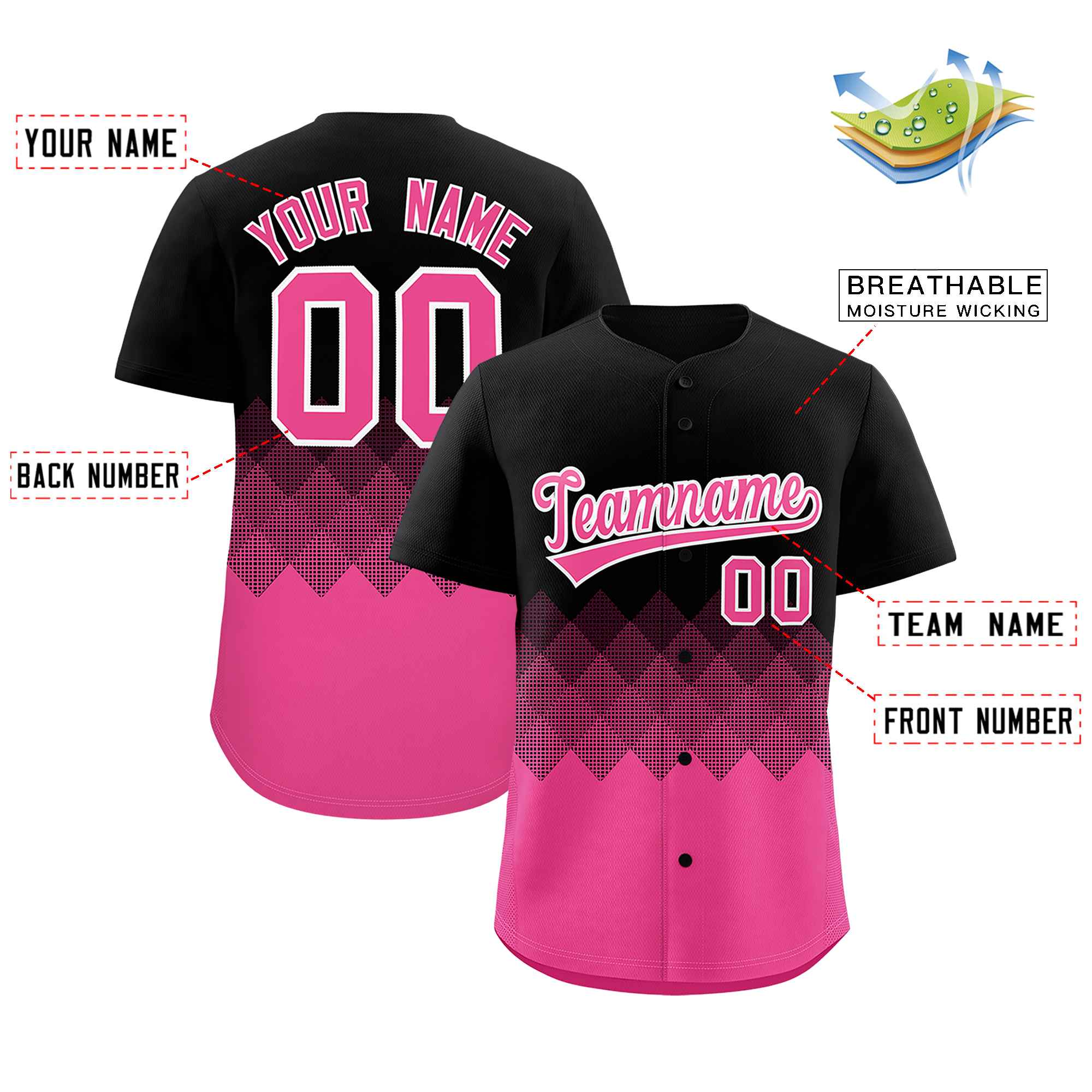 Custom Black Pink Grid Blur Pattern Authentic Baseball Jersey| KXKSHOP