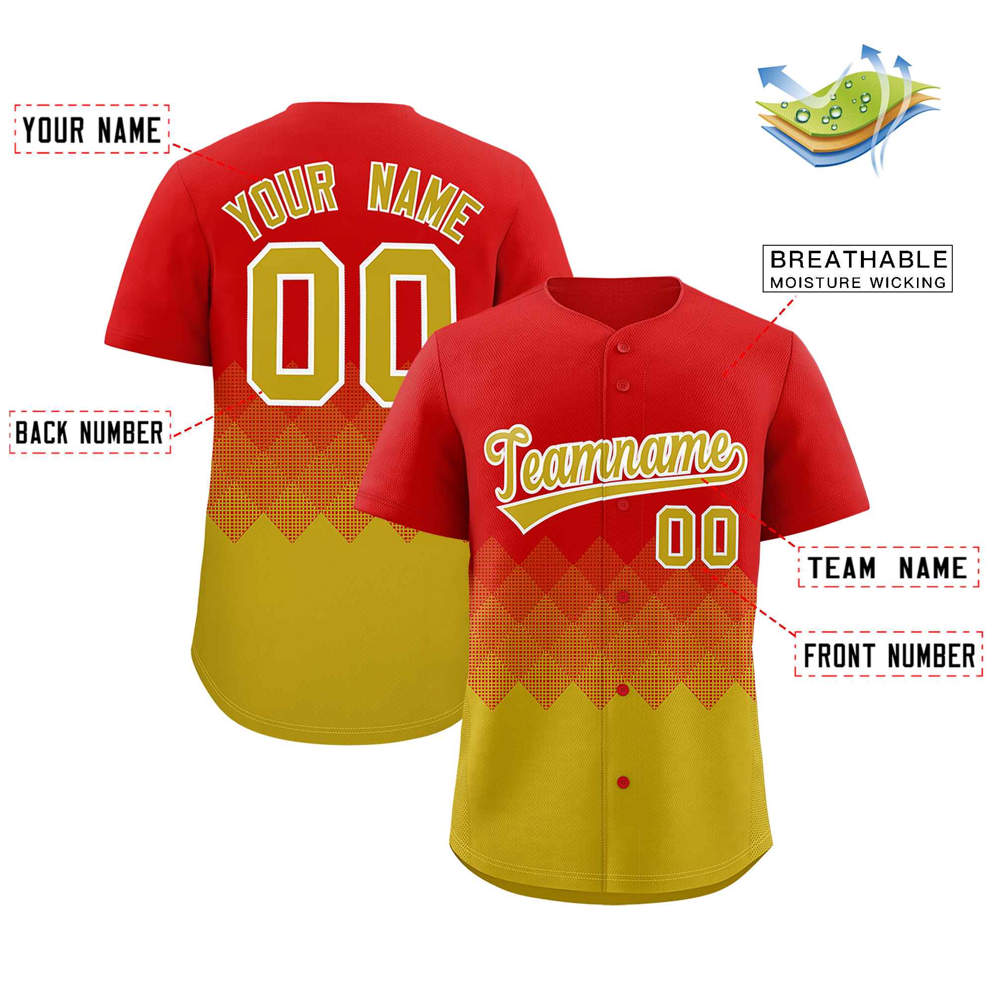 Custom Red Old Gold Grid Blur Pattern Authentic Baseball Jersey| KXKSHOP