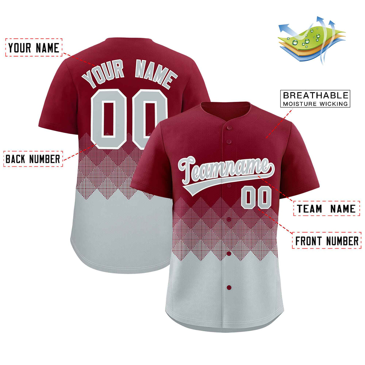Custom Crimson Silver Grid Blur Pattern Authentic Baseball Jersey| KXKSHOP