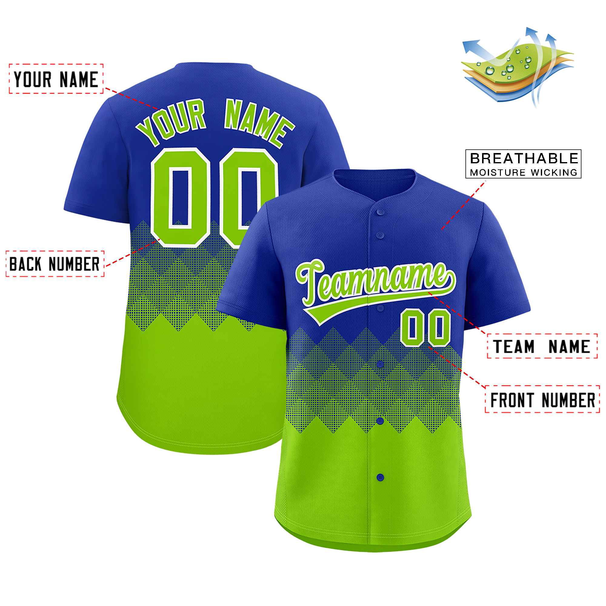 Custom Royal Neon Green Grid Blur Pattern Authentic Baseball Jersey| KXKSHOP