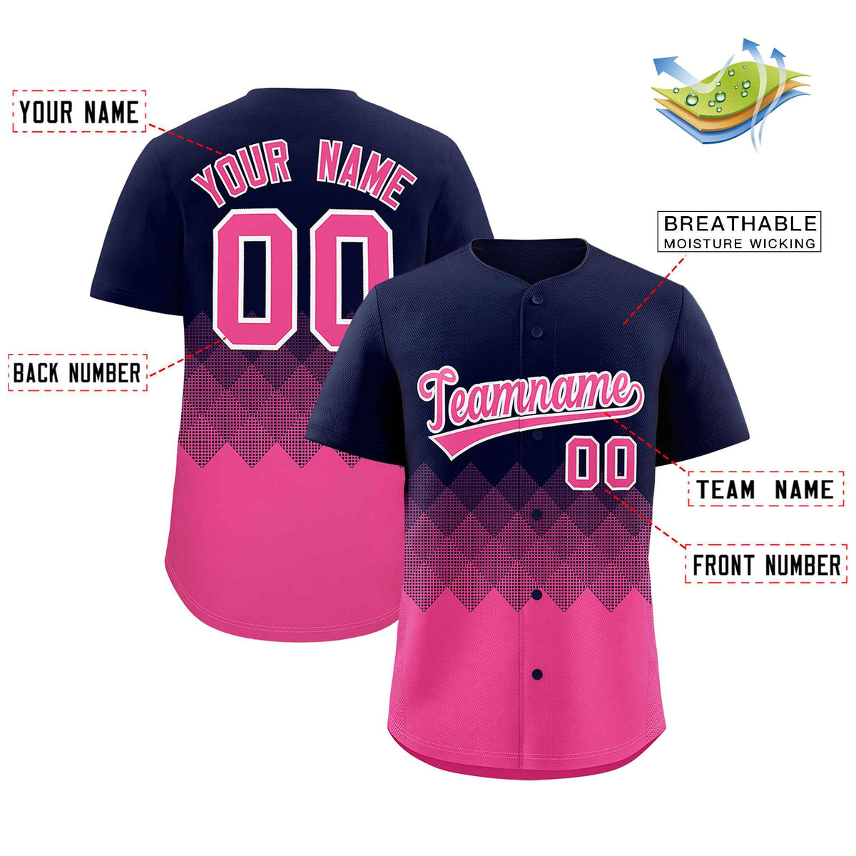 Custom Navy Pink Grid Blur Pattern Authentic Baseball Jersey| KXKSHOP
