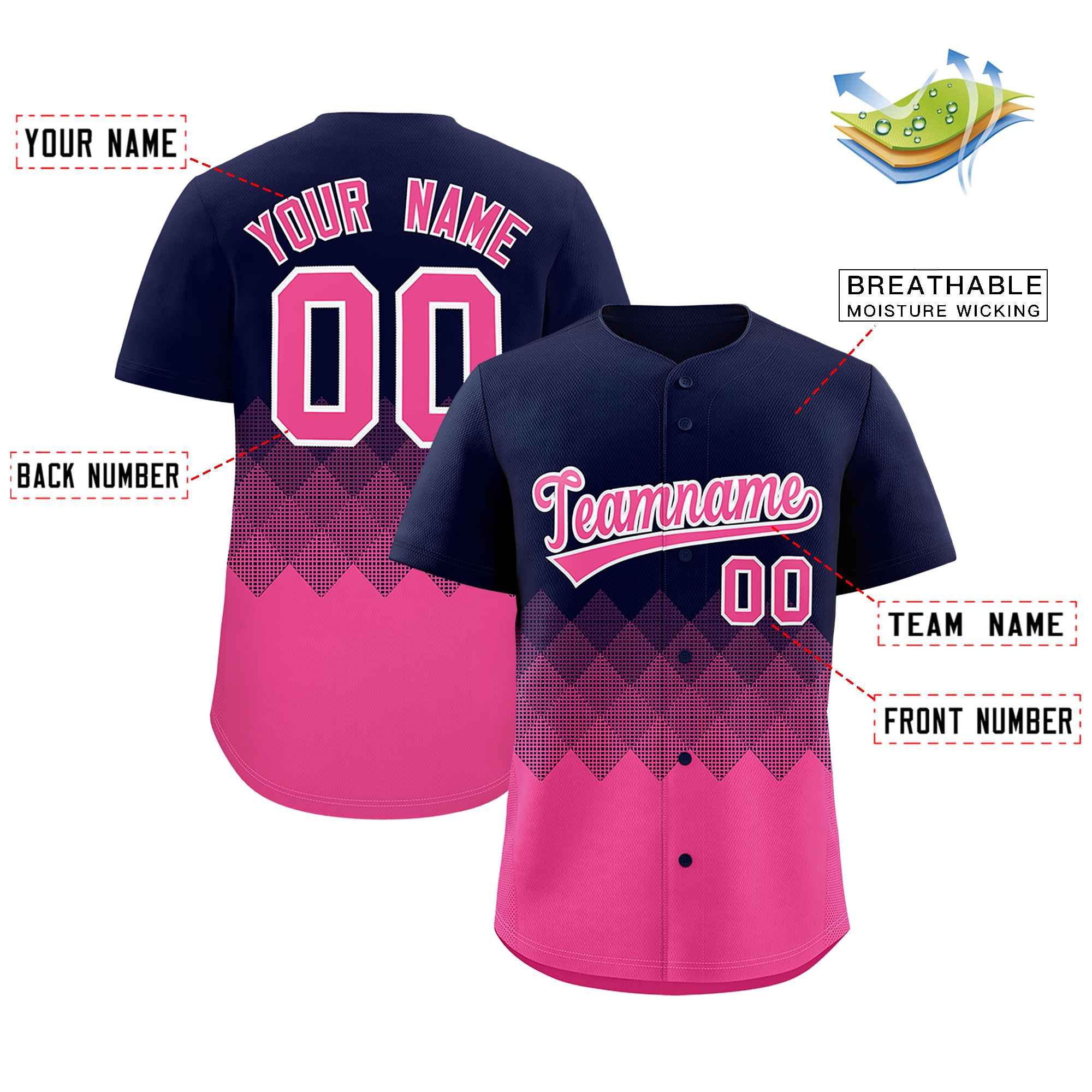 Custom Navy Pink Grid Blur Pattern Authentic Baseball Jersey| KXKSHOP