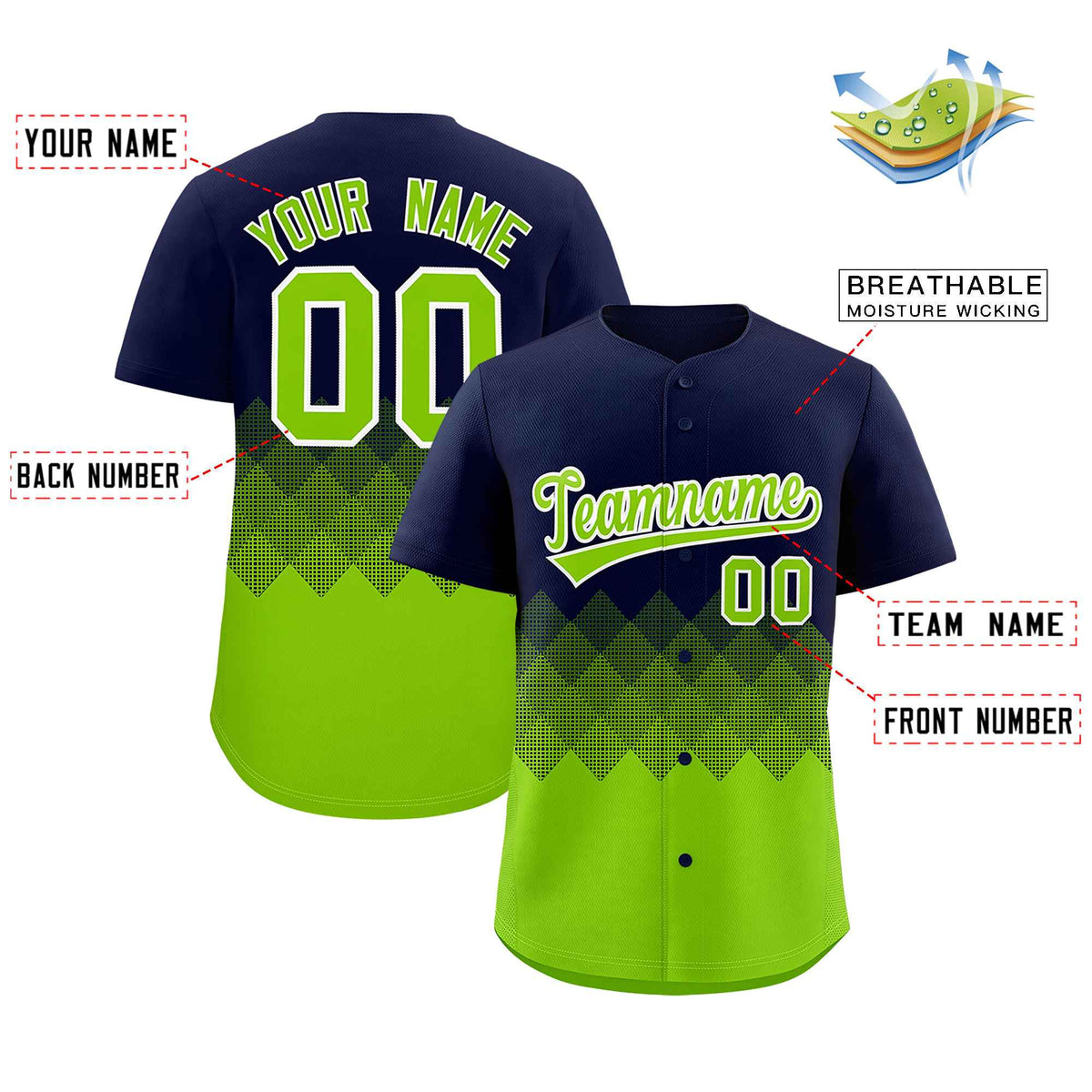 Custom Navy Neon Green Grid Blur Pattern Authentic Baseball Jersey| KXKSHOP