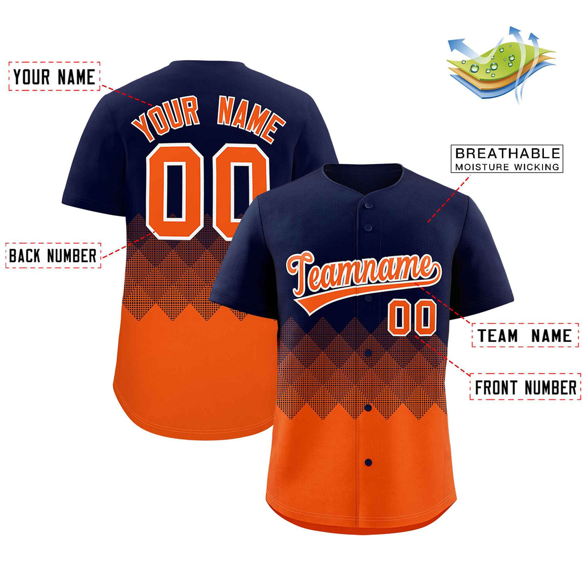 Custom Navy Orange Grid Blur Pattern Authentic Baseball Jersey| KXKSHOP