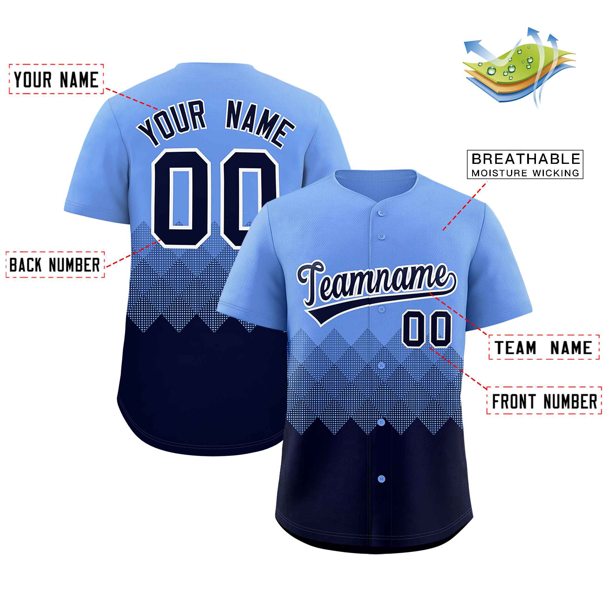 Custom Light Blue Navy Grid Blur Pattern Authentic Baseball Jersey| KXKSHOP