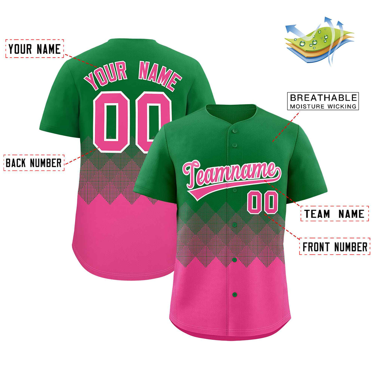 Custom Kelly Green Pink Grid Blur Pattern Authentic Baseball Jersey| KXKSHOP