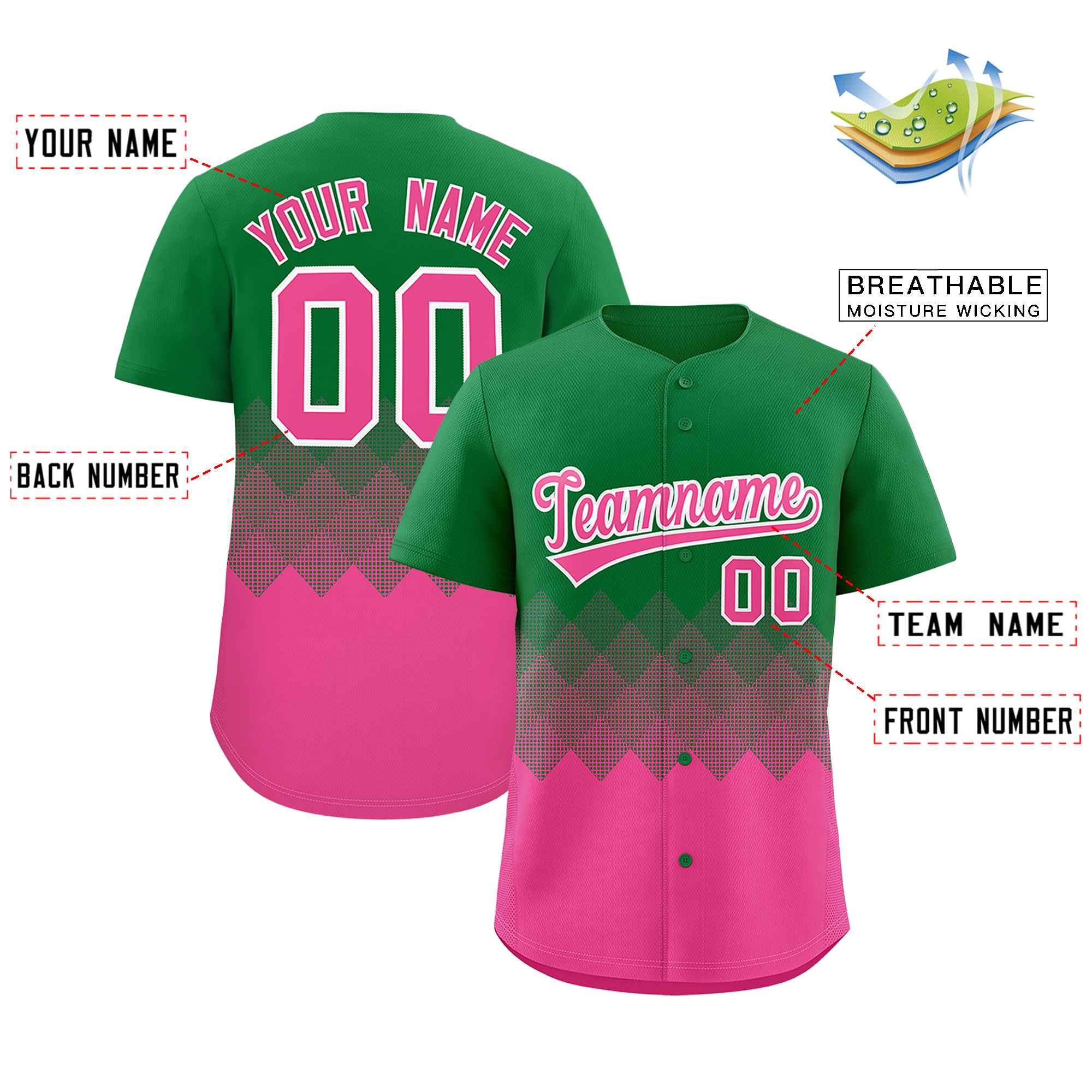 Custom Kelly Green Pink Grid Blur Pattern Authentic Baseball Jersey| KXKSHOP