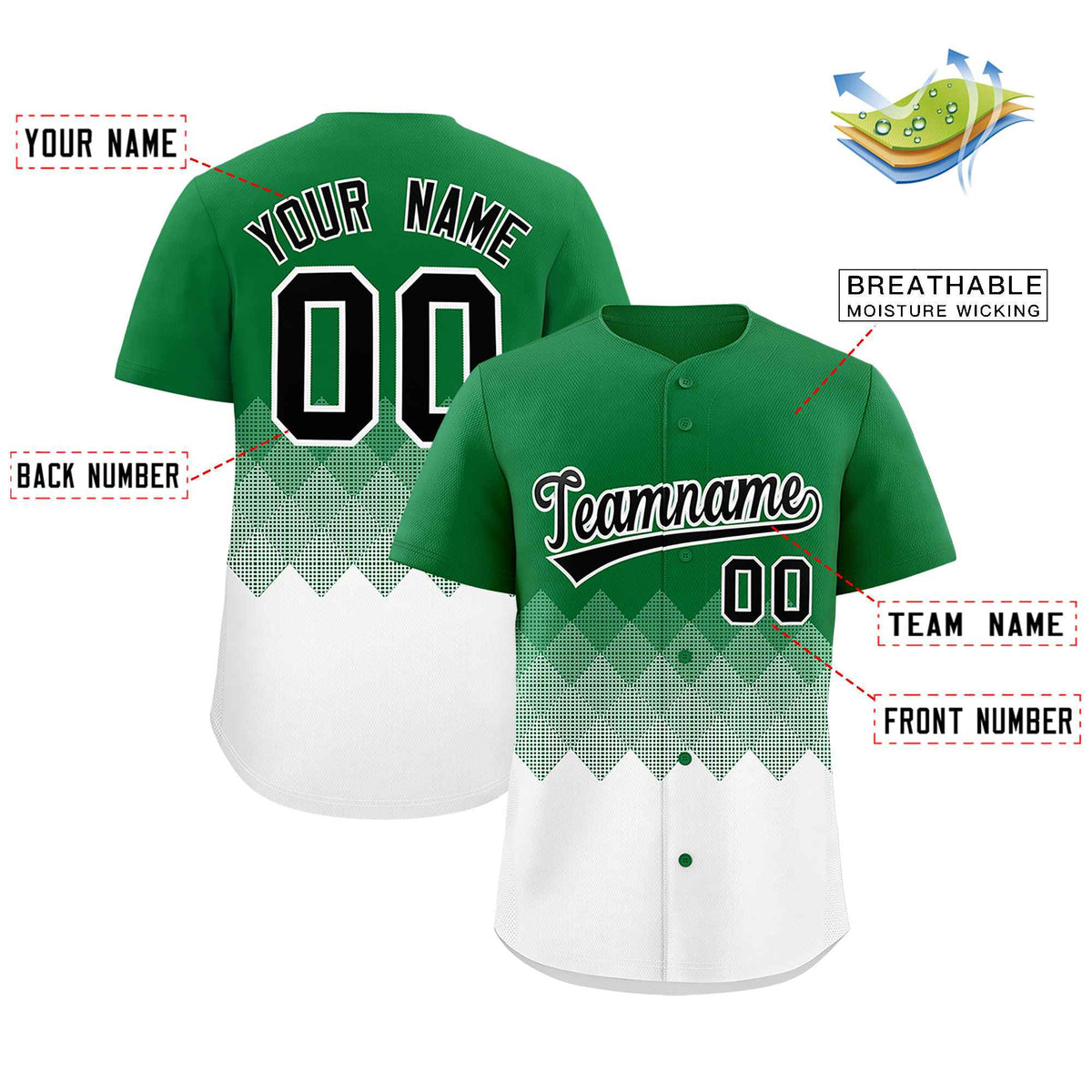 Custom Kelly Green White Grid Blur Pattern Authentic Baseball Jersey| KXKSHOP