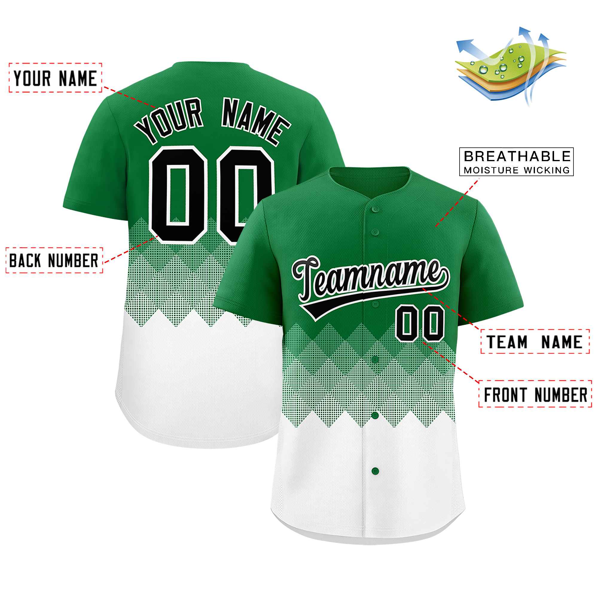 Custom Kelly Green White Grid Blur Pattern Authentic Baseball Jersey| KXKSHOP