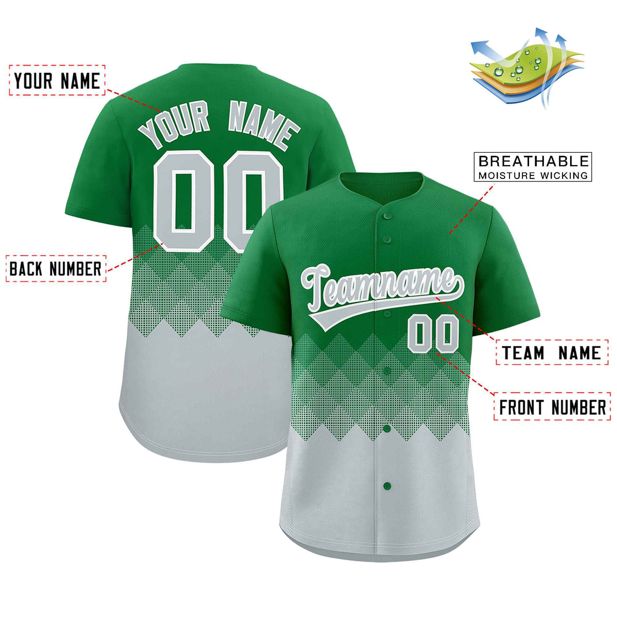 Custom Kelly Green Silver Grid Blur Pattern Authentic Baseball Jersey| KXKSHOP
