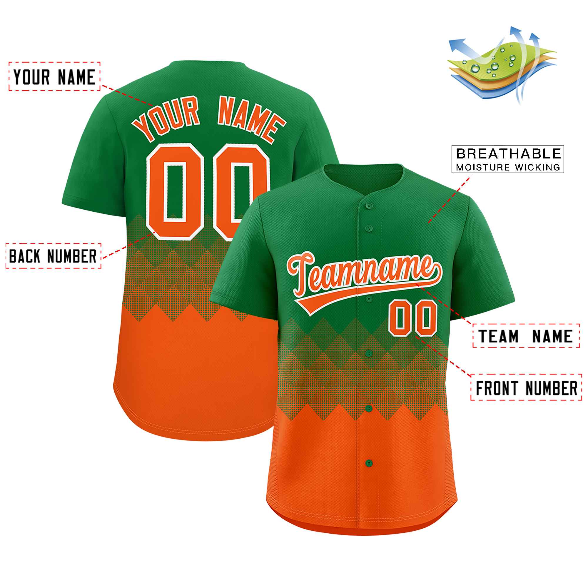 Custom Kelly Green Orange Grid Blur Pattern Authentic Baseball Jersey| KXKSHOP