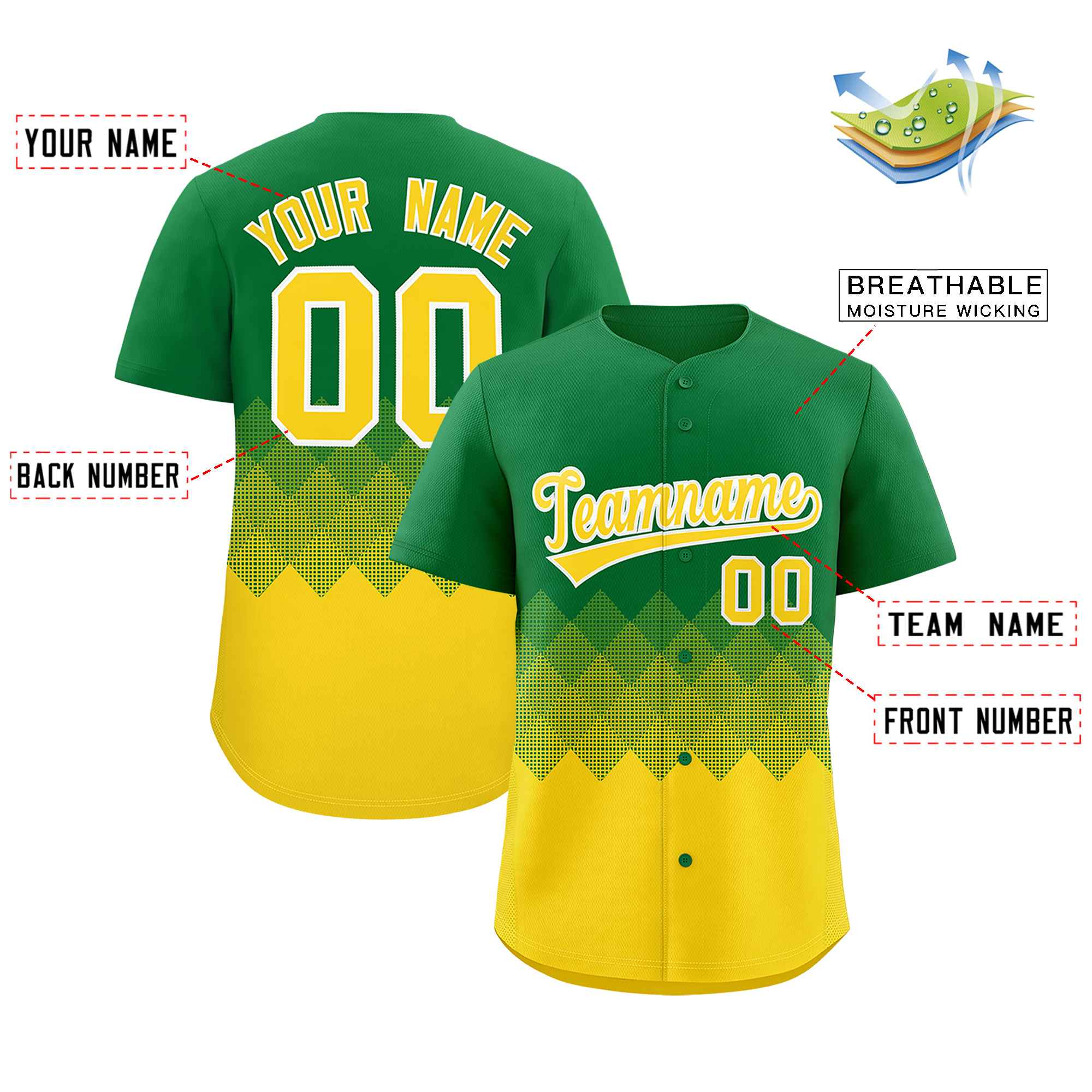 Custom Kelly Green Gold Grid Blur Pattern Authentic Baseball Jersey| KXKSHOP