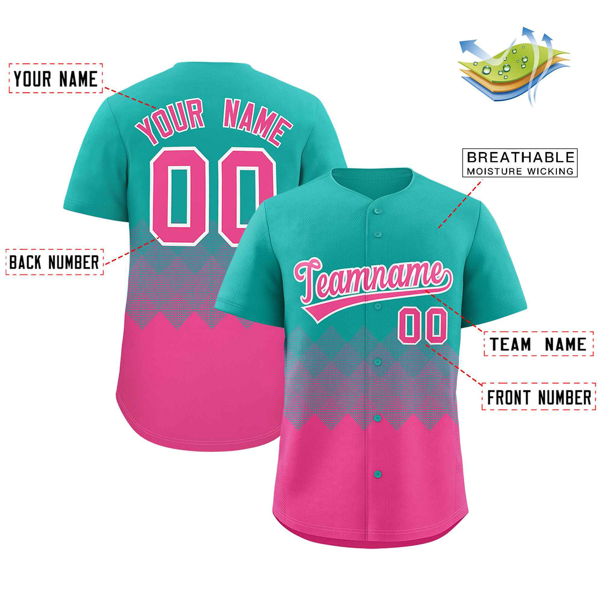 Custom Aqua Pink Grid Blur Pattern Authentic Baseball Jersey| KXKSHOP