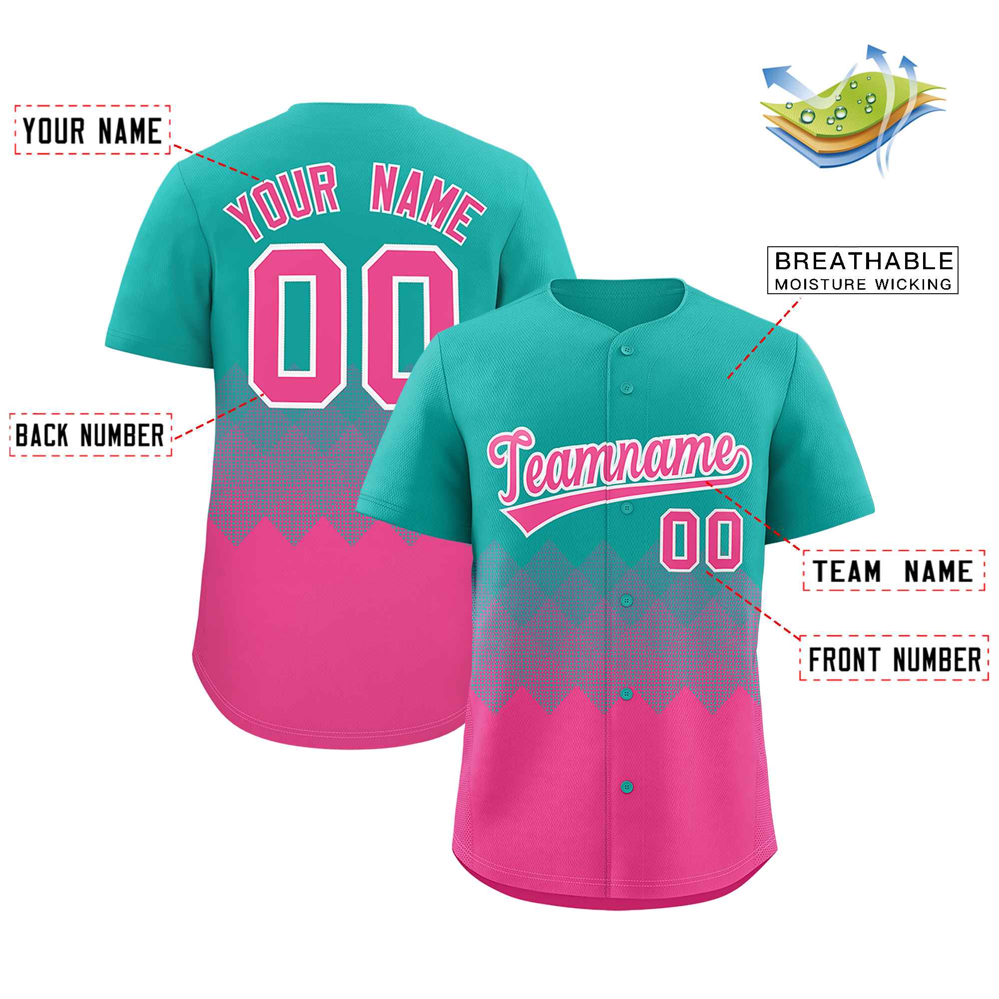 Custom Aqua Pink Grid Blur Pattern Authentic Baseball Jersey| KXKSHOP