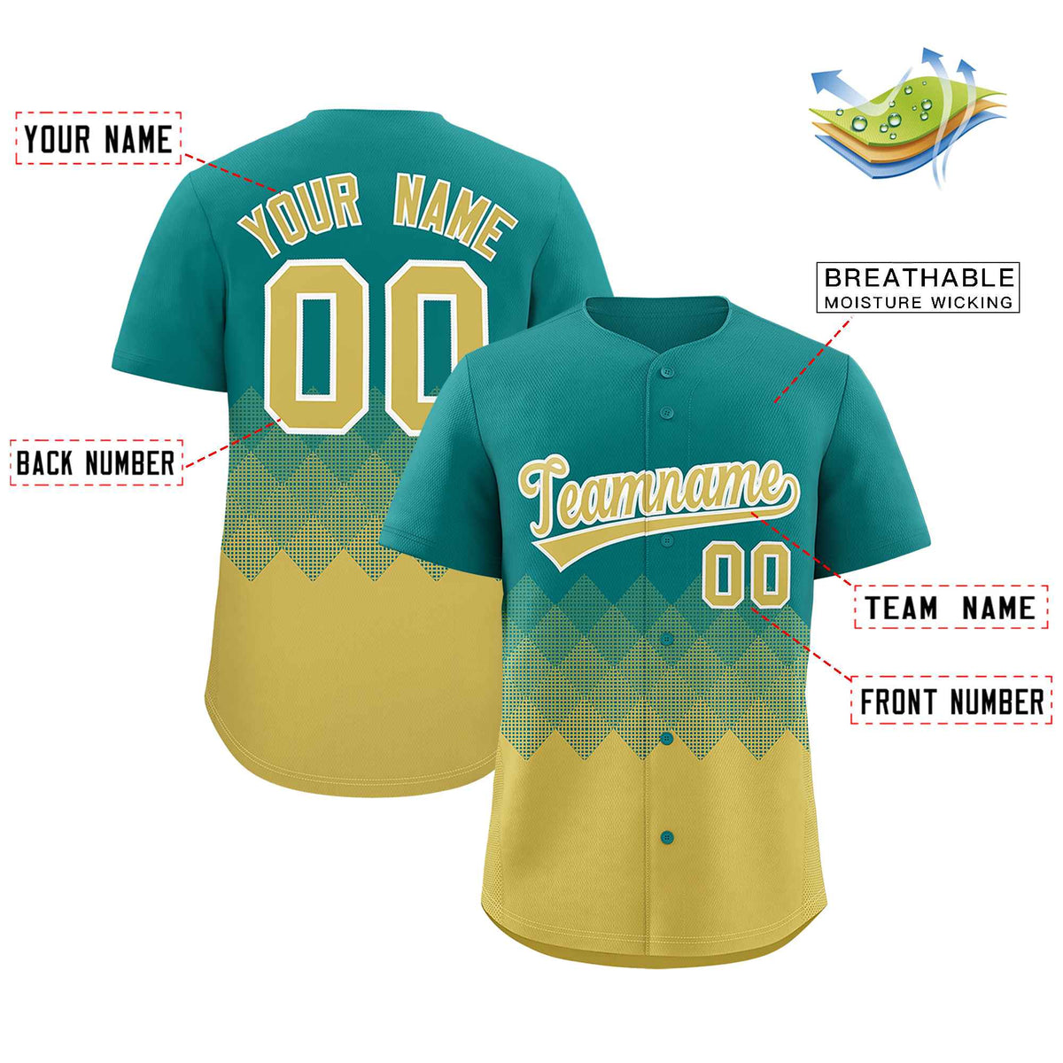 Custom Aqua Old Gold Grid Blur Pattern Authentic Baseball Jersey| KXKSHOP