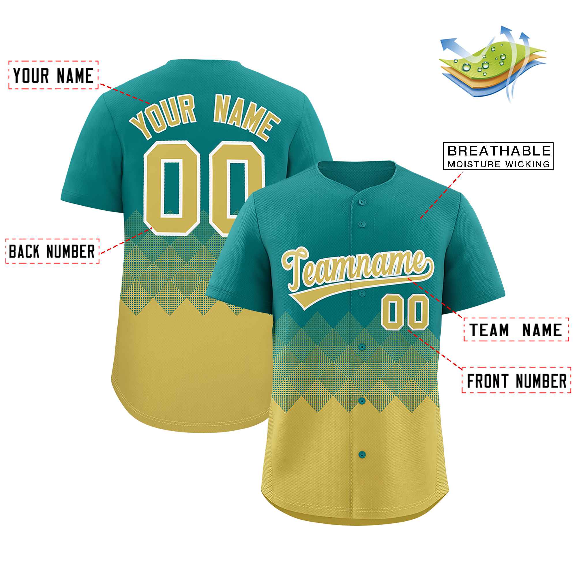 Custom Aqua Old Gold Grid Blur Pattern Authentic Baseball Jersey| KXKSHOP