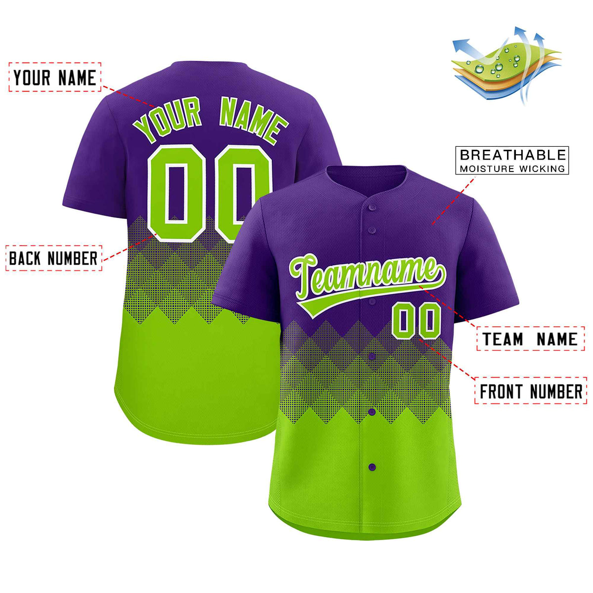 Custom Purple Neon Green Grid Blur Pattern Authentic Baseball Jersey| KXKSHOP