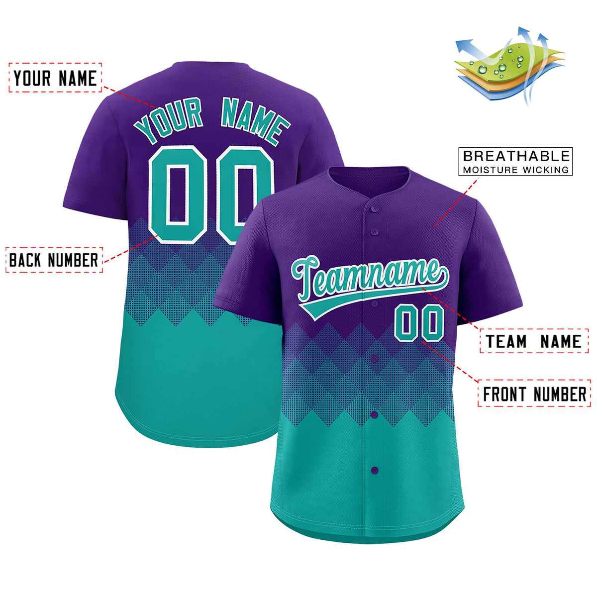 Custom Purple Aqua Grid Blur Pattern Authentic Baseball Jersey| KXKSHOP