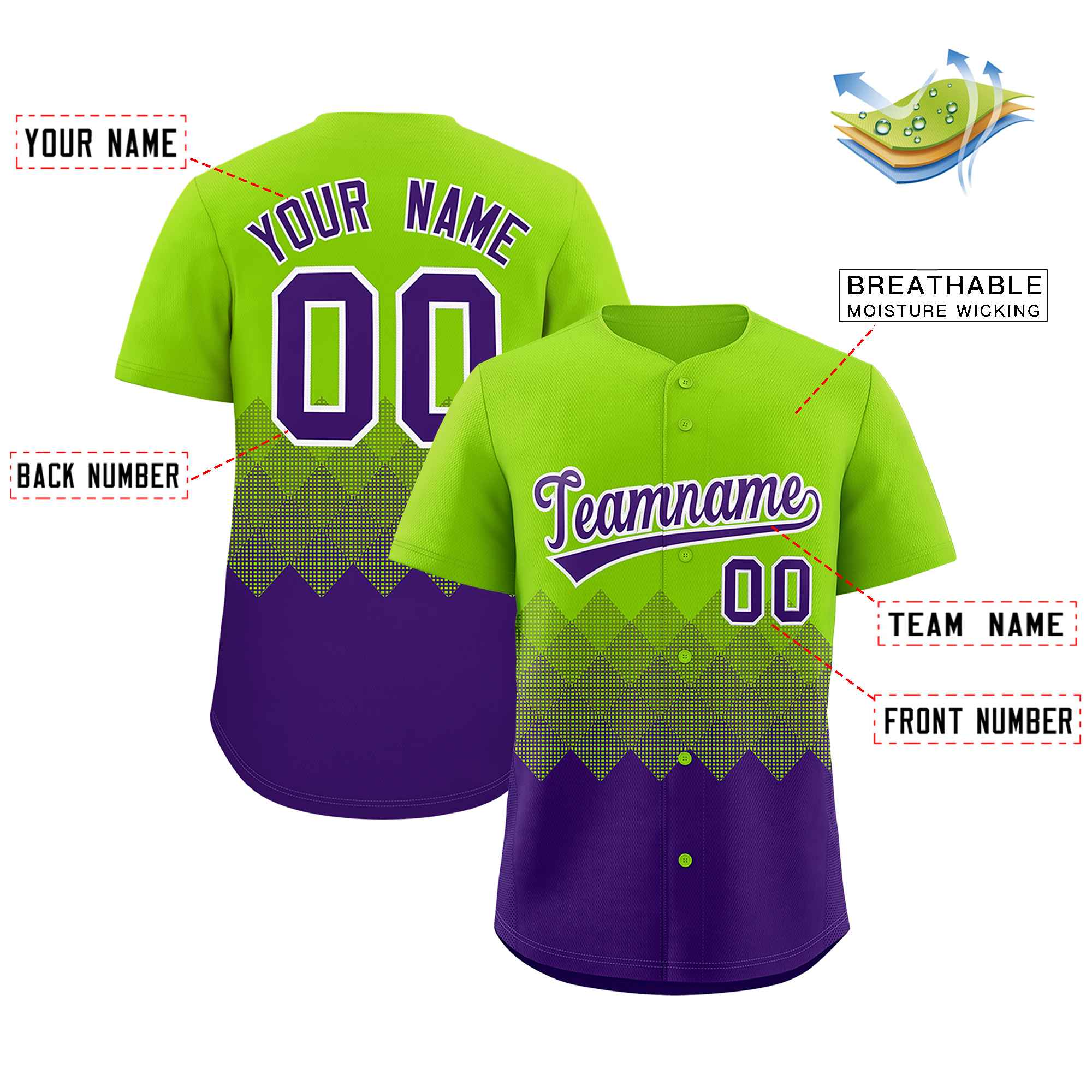 Custom Neon Green Purple Grid Blur Pattern Authentic Baseball Jersey| KXKSHOP