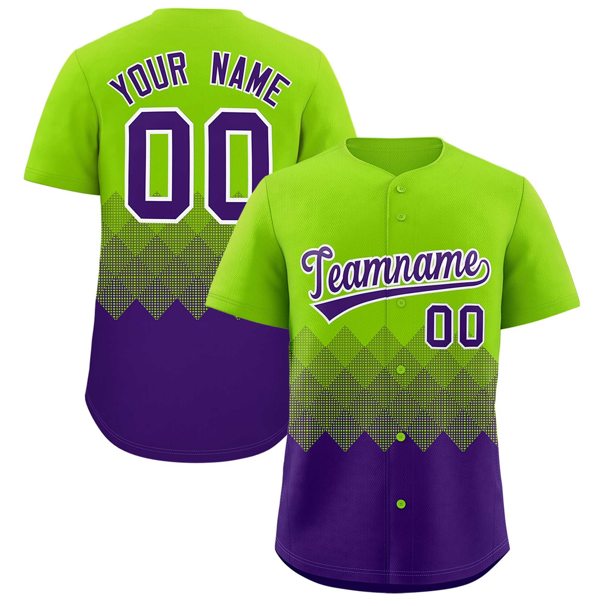 Custom Neon Green Purple Grid Blur Pattern Authentic Baseball Jersey| KXKSHOP